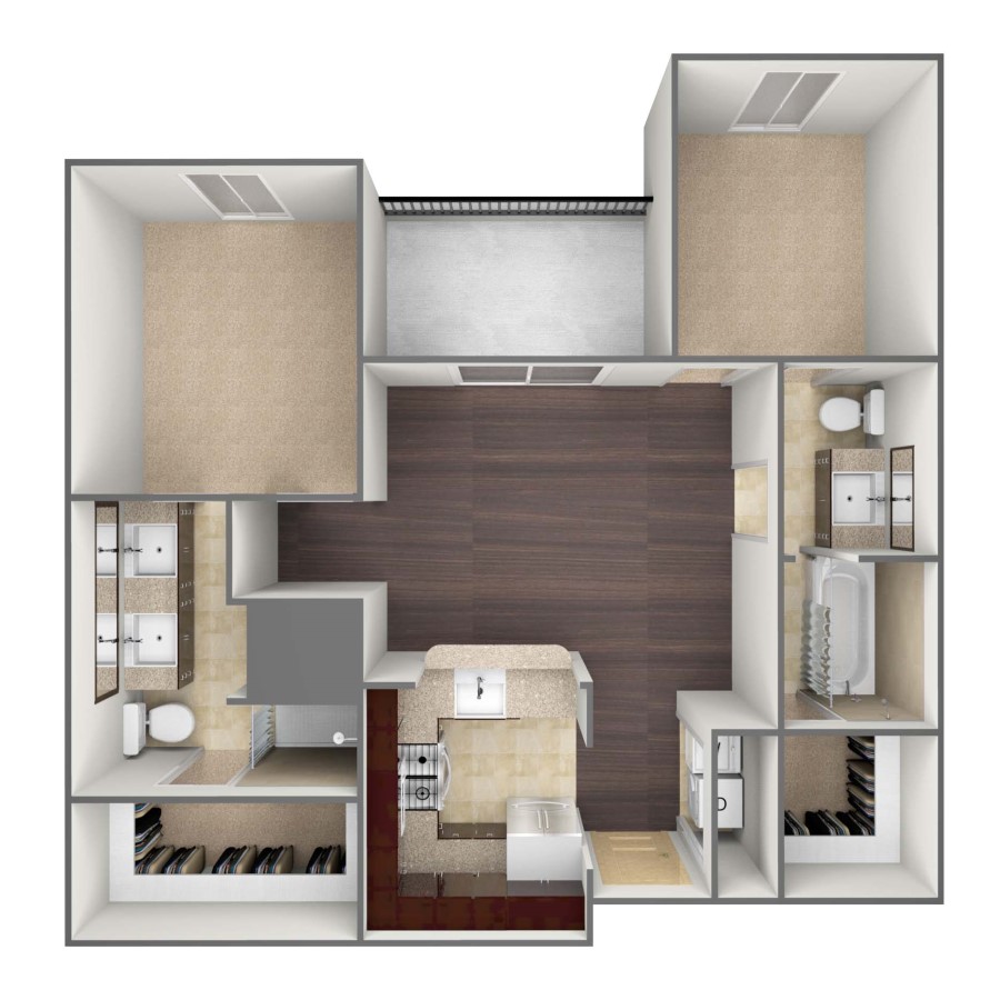 Rendering of the B1 floor plan with 2 bedroom[s] and 2 bathroom[s] at belltowerreserve