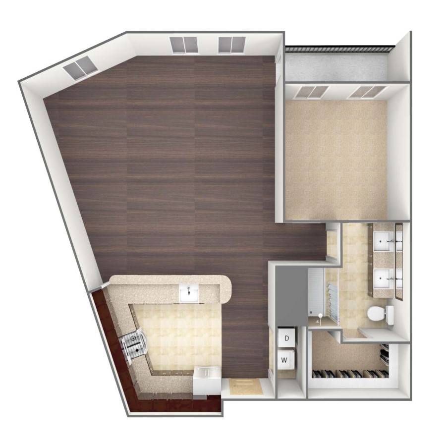 Rendering of the A5 floor plan with 1 bedroom[s] and 1 bathroom[s] at belltowerreserve