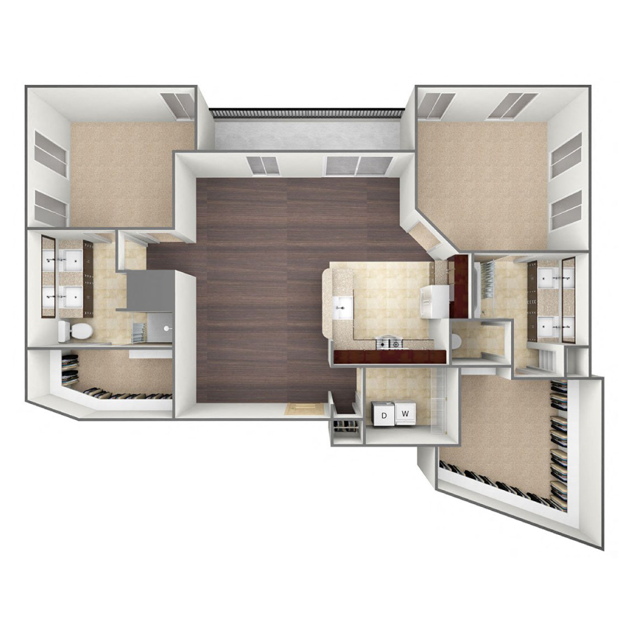 Rendering of the B3 floor plan with 3 bedroom[s] and 2 bathroom[s] at belltowerreserve