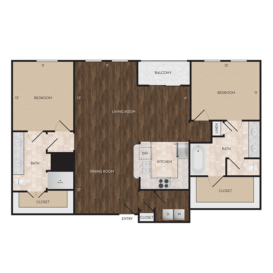 Rendering of the B2A floor plan with 2 bedroom[s] and 2 bathroom[s] at belltowerreserve