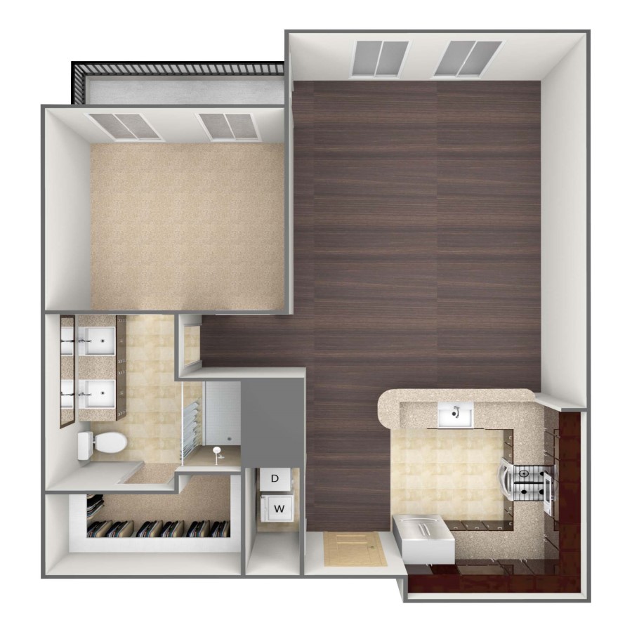 Rendering of the A1 floor plan with 1 bedroom[s] and 1 bathroom[s] at belltowerreserve