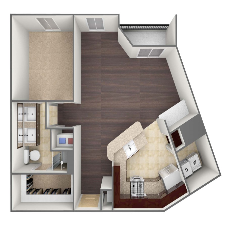 Rendering of the A2A floor plan with 1 bedroom[s] and 1 bathroom[s] at belltowerreserve