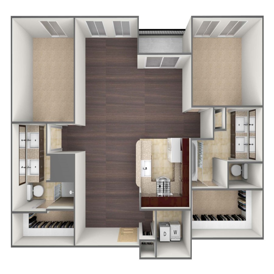 Rendering of the B2 floor plan with 2 bedroom[s] and 2 bathroom[s] at belltowerreserve